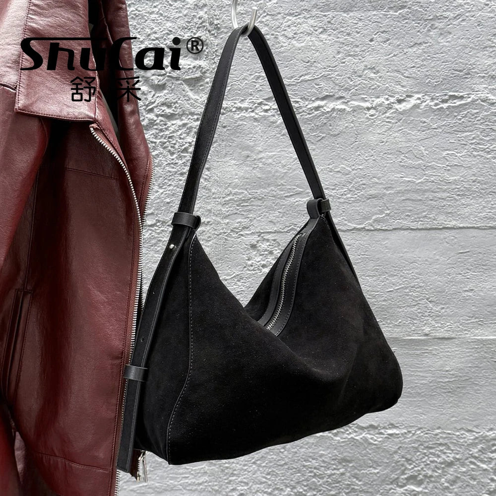 Genuine Grade Suede Leather Luxury Designer Large Capacity Women's Tote Bag Vintage Shoulder Crossbody Underarm Bags Trendy New