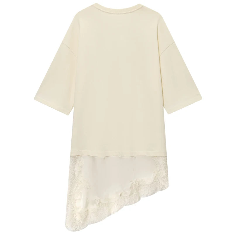 تي شيرت HXAO من الدانتيل كبير الحجم مناسب للصيف والخريف للنساء Y2K بأكمام قصيرة باللون الأبيض العتيق تي شيرت طويل مقاس كبير أنيق من ملابس الشارع