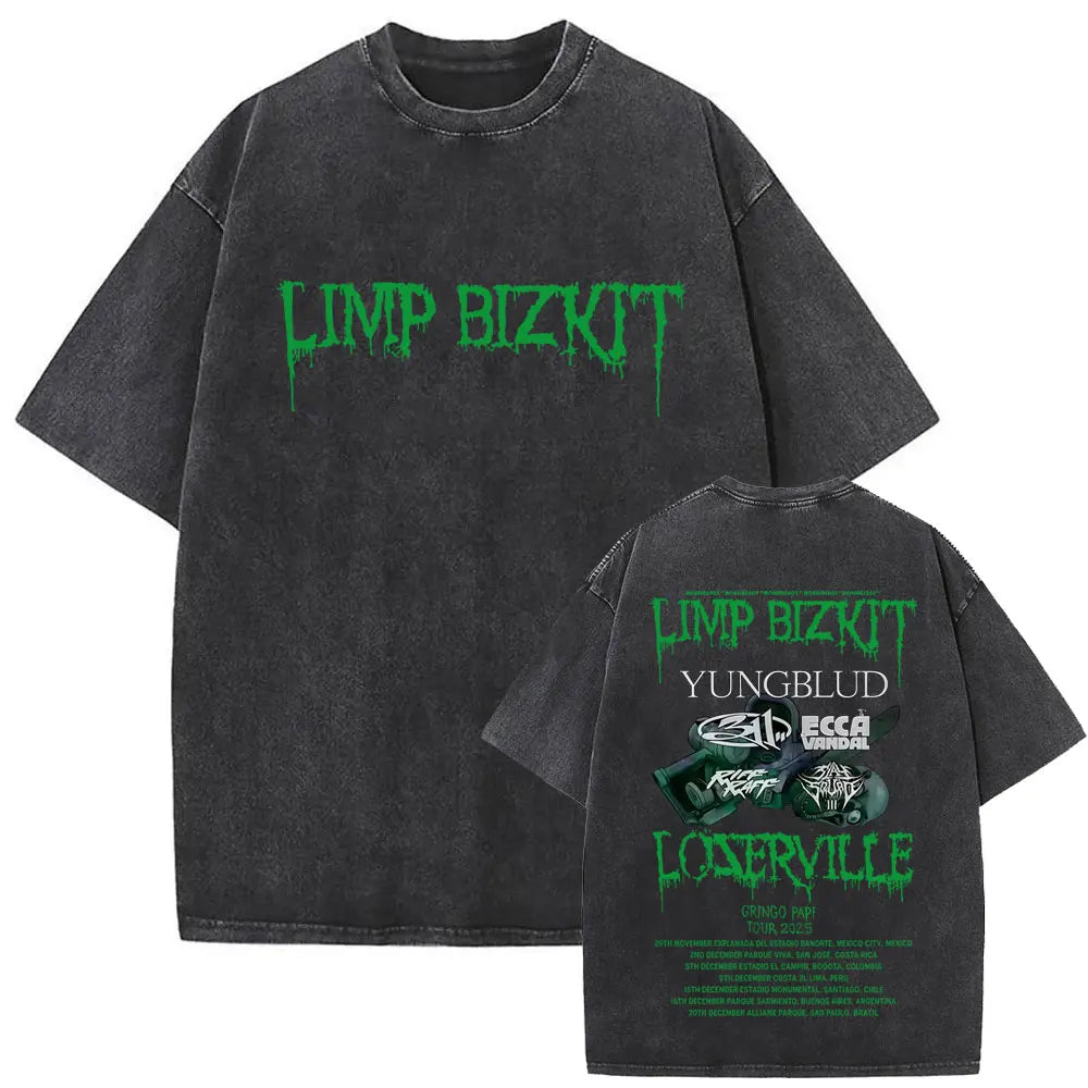 تي شيرت رجالي ونسائي قطني مطبوع عليه عبارة Washed Vintage Rock Band Limp Bizkit Loserville Tour 2025 تي شيرت رجالي ونسائي قطني بتصميم قوطي عتيق ملابس الشارع