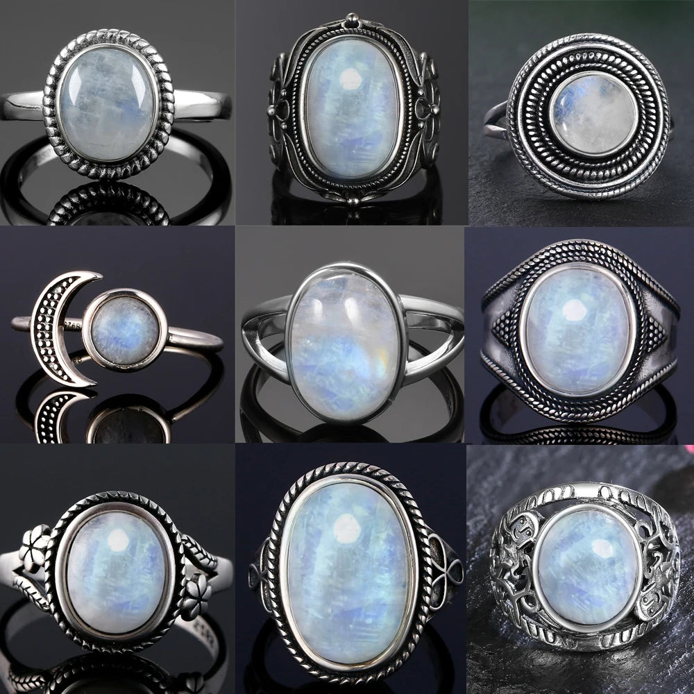 Round Oval Big Natural Moonstones Rings Women's S925 Silver Rings Gifts Vintage Fine Jewelry