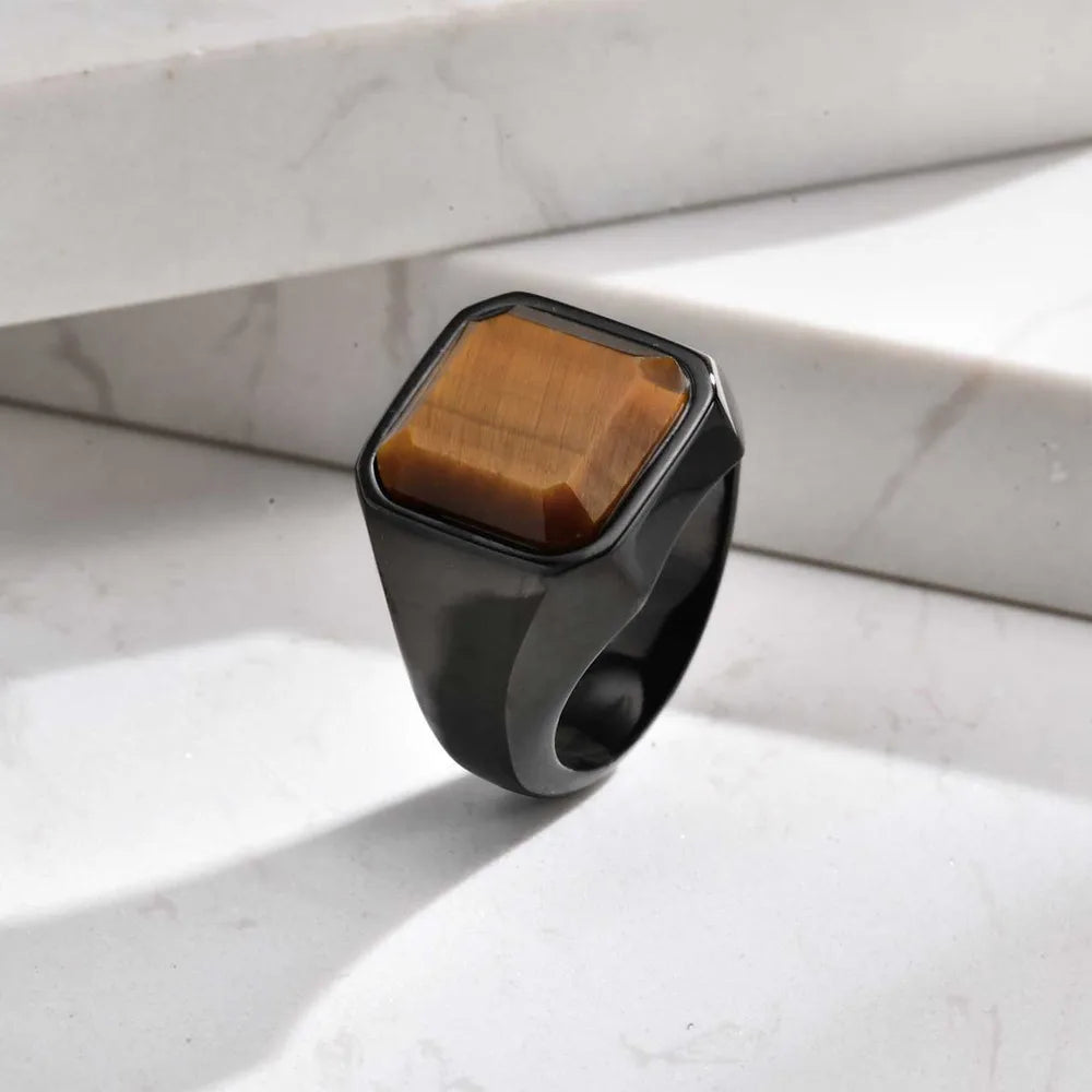 Brown Tiger Eye Stone Ring for Men Boys,Stainless Steel Geometric Square Stone Signet Ring,Causal Jewelry Gift
