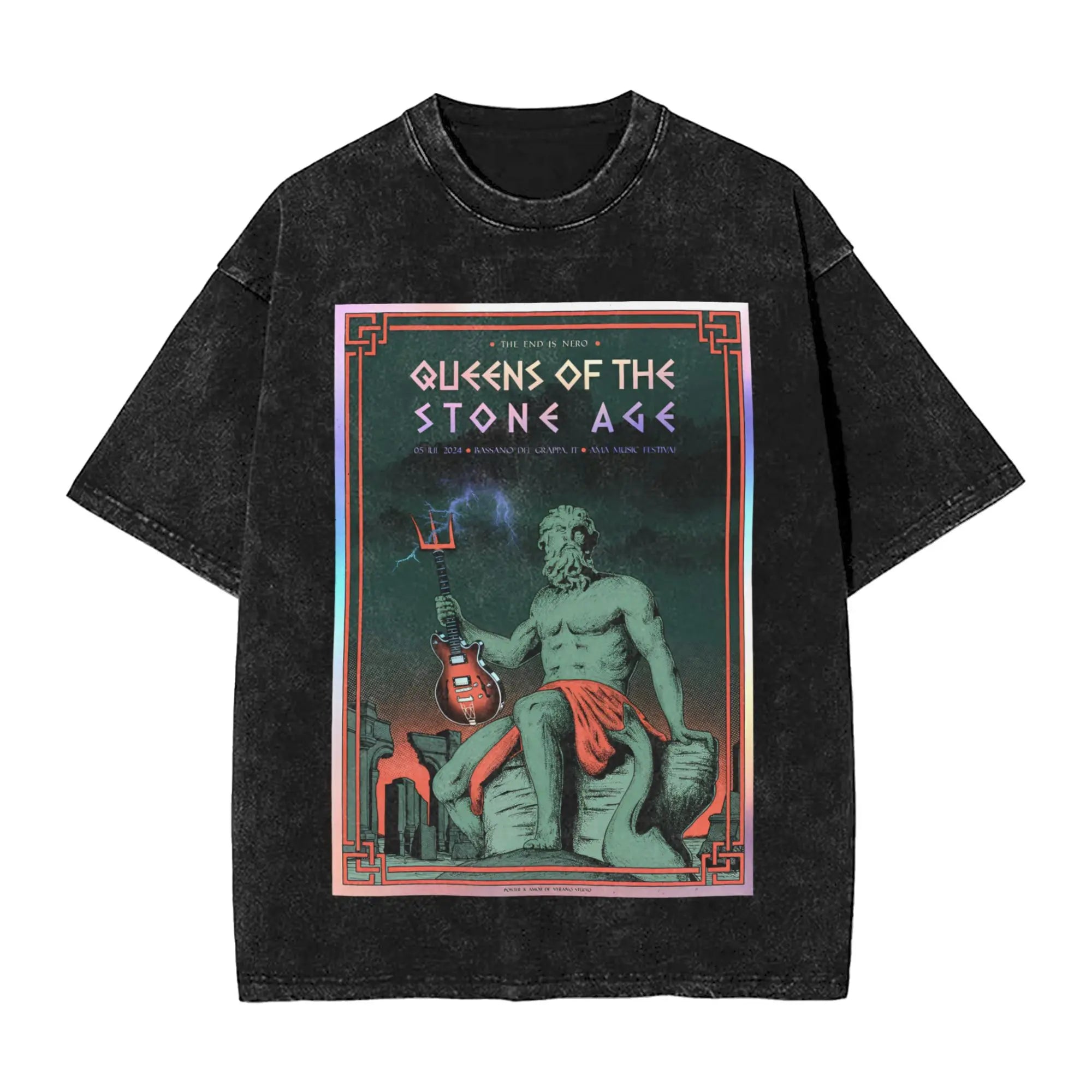 تي شيرت رجالي من فرقة ملكة العصر الحجري، تي شيرتات فكاهية مغسولة، تي شيرت بأكمام قصيرة وياقة مستديرة، تي شيرت قطني خالص، ملابس هدايا