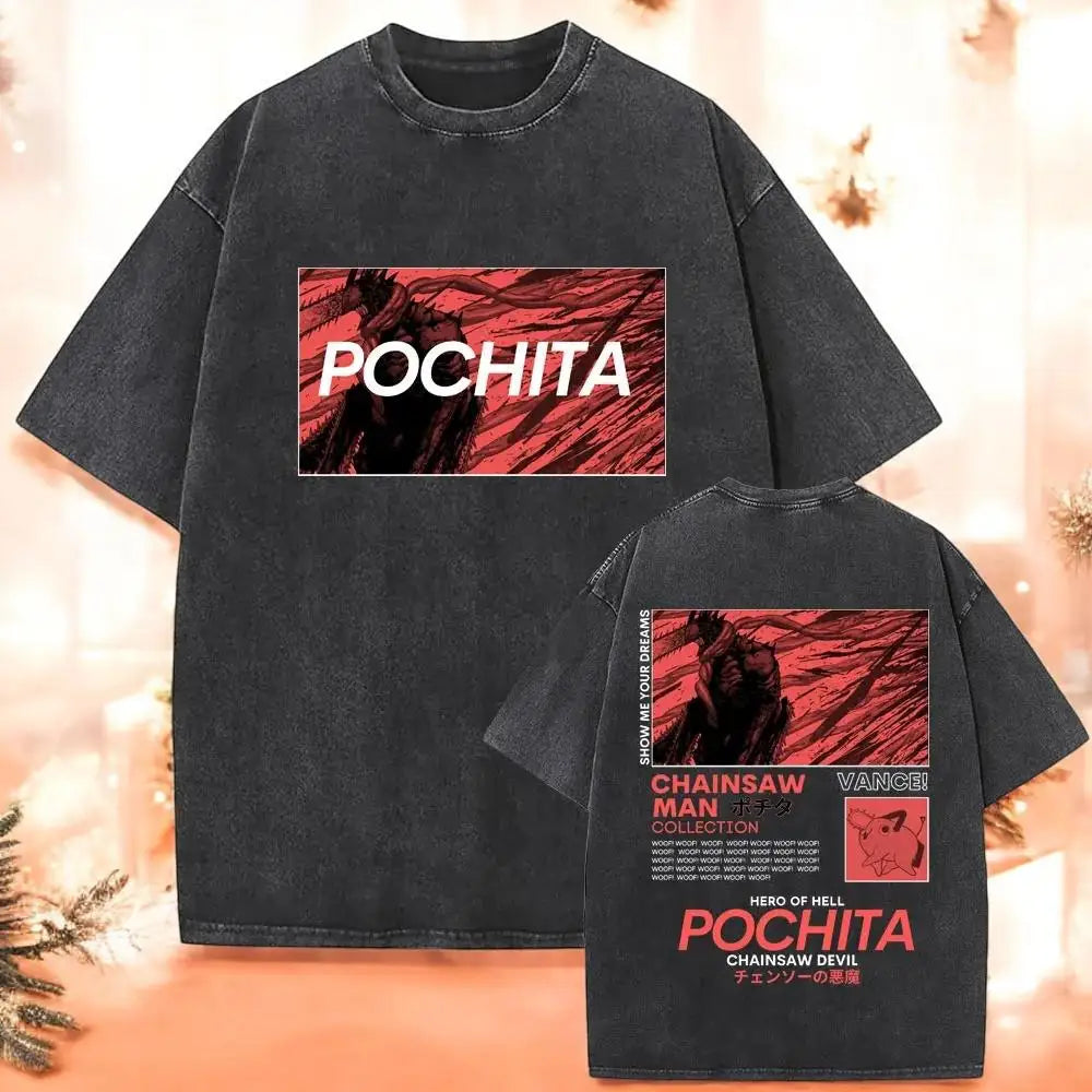 تي شيرت Chainsaw Man X Reze Devil T-Shirt بغسيل حمضي كبير الحجم من الرسوم المتحركة Mange للرجال والنساء ملابس الشارع الكلاسيكية بأكمام قصيرة للرجال والنساء