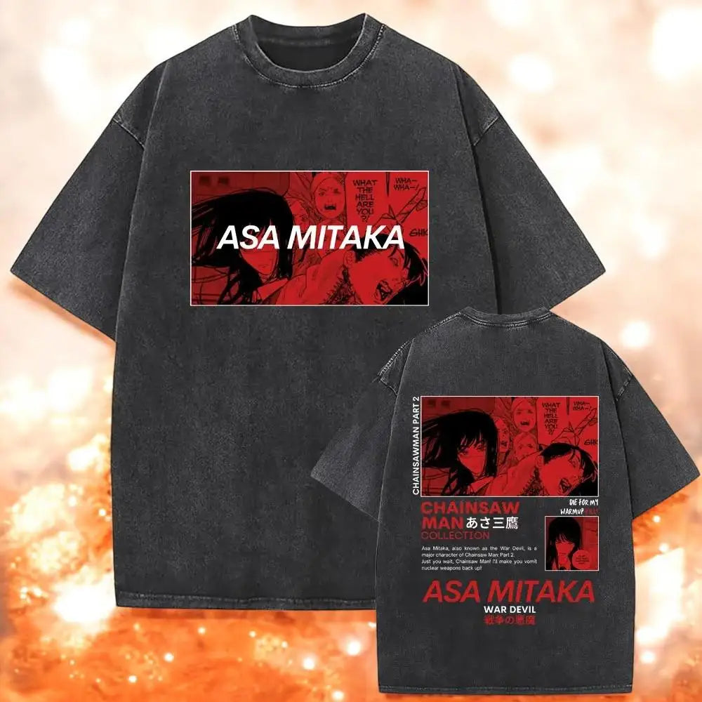 تي شيرت Chainsaw Man X Reze Devil T-Shirt بغسيل حمضي كبير الحجم من الرسوم المتحركة Mange للرجال والنساء ملابس الشارع الكلاسيكية بأكمام قصيرة للرجال والنساء