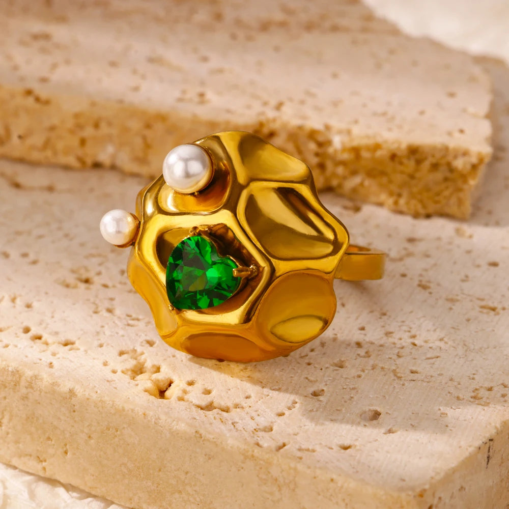 Luxury Stainless Steel Rings Gold Plated Colorful Stone Zircon Crystal Heart Ring For Women Wedding Boho Jewelry Christmas Gift