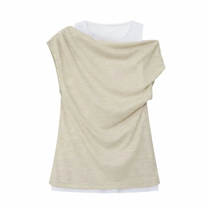 تي شيرت نسائي جديد من ETJ 2025، مكون من قطعتين مثيرتين مكشوفتي الكتفين بأكمام قصيرة، مزين بقطع ملونة ومرقعة