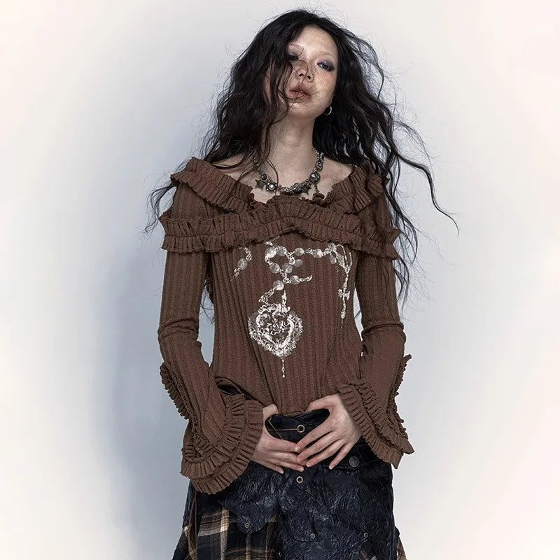 Karrcat Grunge Aesthetics Knitted Tops Vintage Off Shoulder Tattoo Print T-shirt Wasteland Punk Black Ribbed Tee Shirt Gothic