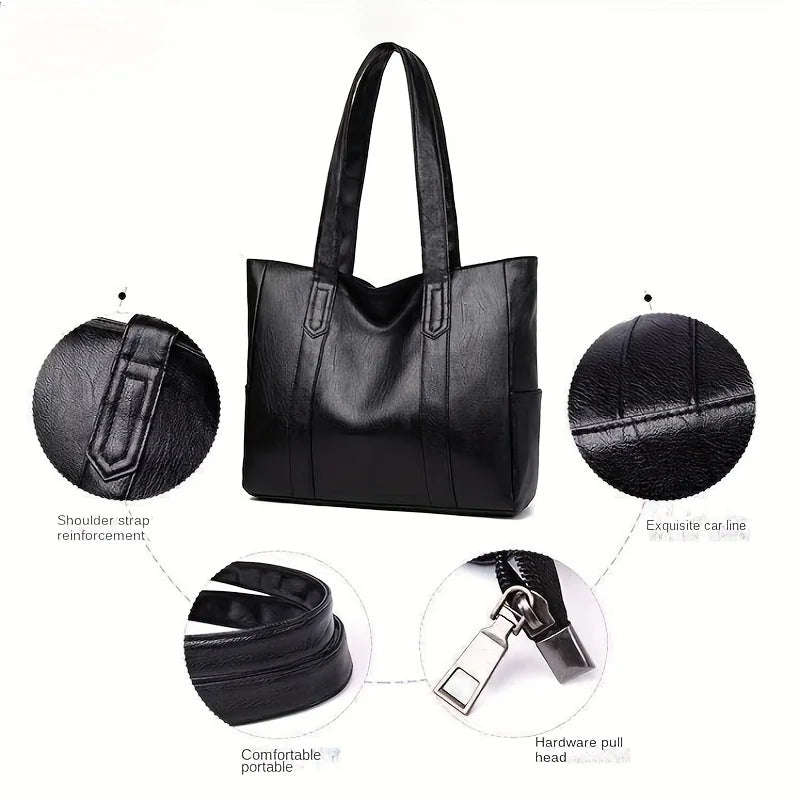 1pc Spacious PU Solid Color Shoulder Bag - Durable, Zipper Portable Double Handle Tote Bag with Large Capacity - Perfect Commute