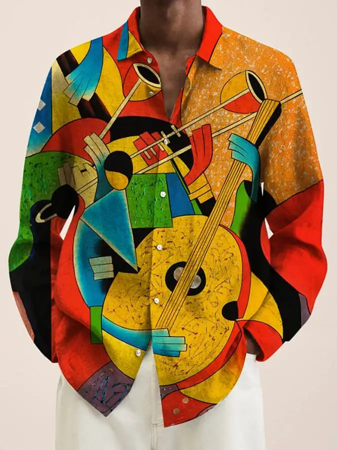 قميص رجالي جديد لعام 2024، مطبوع عليه رسومات فنية ثلاثية الأبعاد، بصف أزرار واحد وأكمام طويلة، قميص كاجوال بياقة فضفاضة وأكمام طويلة