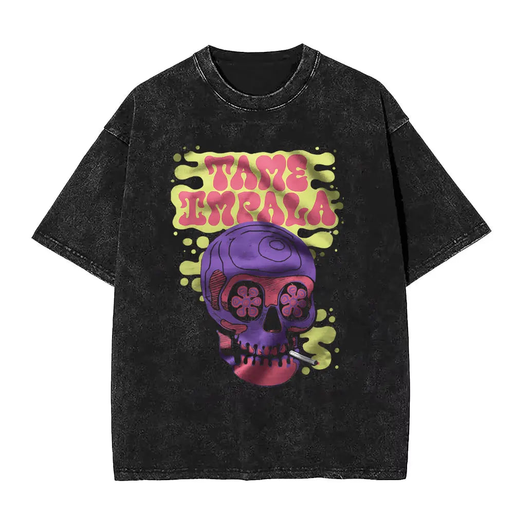 تي شيرت رجالي كاجوال فضفاض بأكمام قصيرة من القطن مطبوع عليه عبارة VintageWashed Pop Rock Band Tames Impala Current Graphic Print