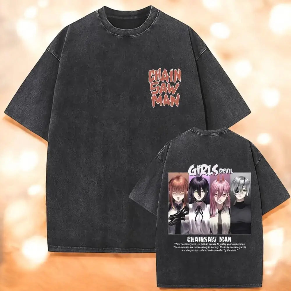 تي شيرت Chainsaw Man X Reze Devil T-Shirt بغسيل حمضي كبير الحجم من الرسوم المتحركة Mange للرجال والنساء ملابس الشارع الكلاسيكية بأكمام قصيرة للرجال والنساء