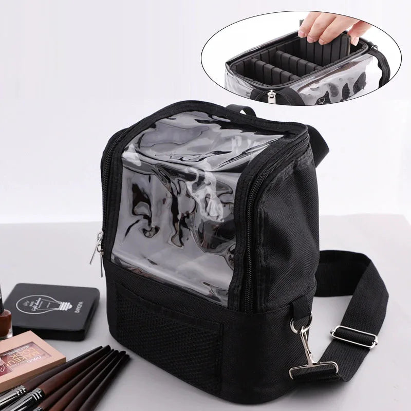 حامل فرش المكياج الشفاف مع غطاء وحقيبة تخزين فرش المكياج ذات السعة الكبيرة وحقائب فناني المكياج مع حزام وفواصل