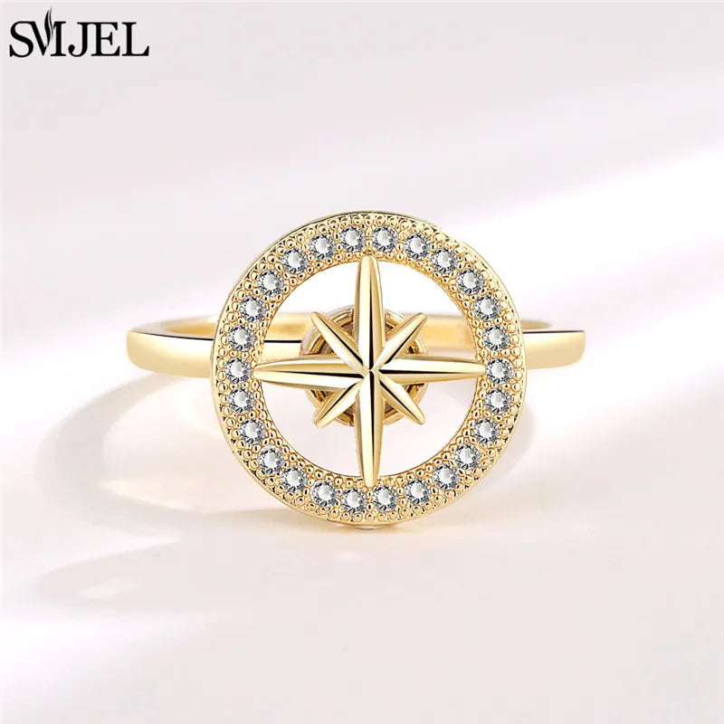 خاتم فاخر مضاد للقلق والاسترخاء للنساء، مرصع بالكريستال على شكل زهرة ونجمة وقمر، مصنوع من المعدن والنحاس، مع حلقة دوارة لتخفيف التوتر، هدية مجوهرات