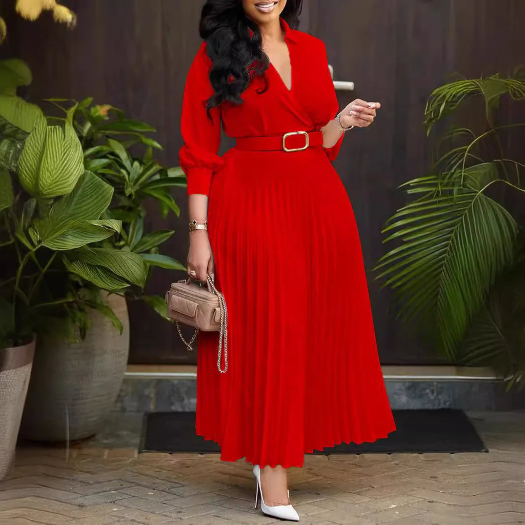 Elegant V Neck Lace-up Belted Party Dresses Women Spring Pleated Dress Autumn Three Quarter Sleeves Office Lady Dress Vestidos