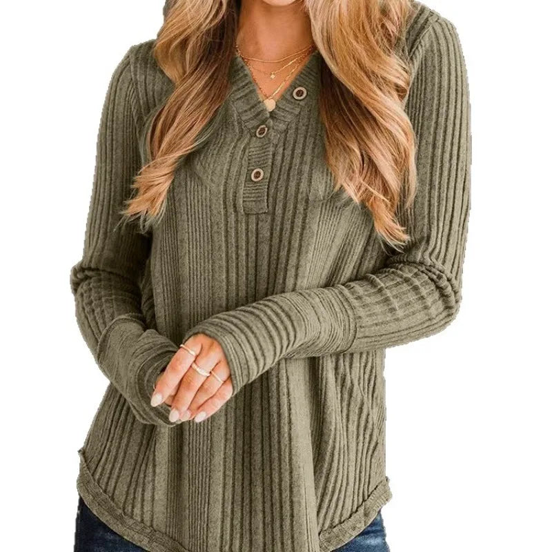 قميص محبوك نسائي جديد لخريف وشتاء، بلوزة محبوكة مضلعة برقبة على شكل حرف V، بأزرار وأكمام قابلة للطي، ملابس Y2k
