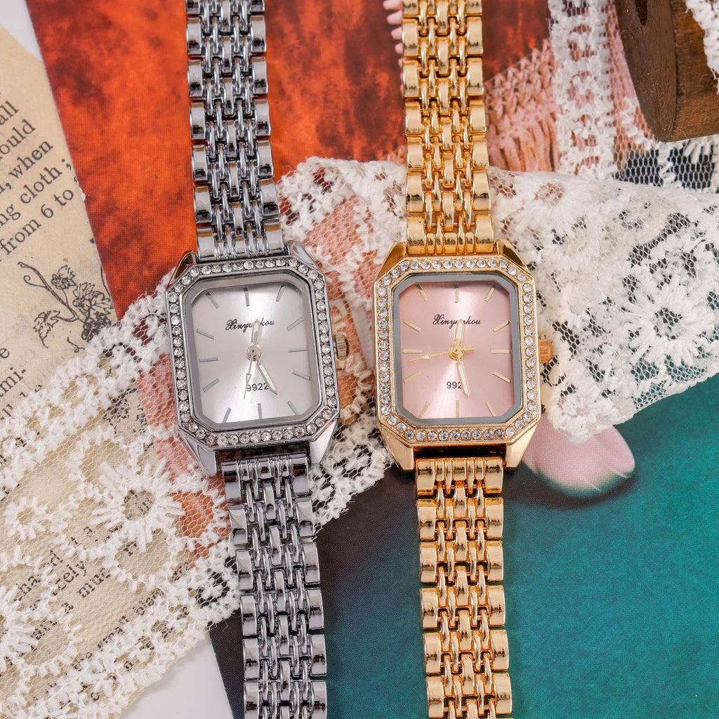 Elegant Women's Quartz Watches Classic Gold and Silver Colors Square Dial Rhinestone-set Bezel Fashion Female Watch Accessories