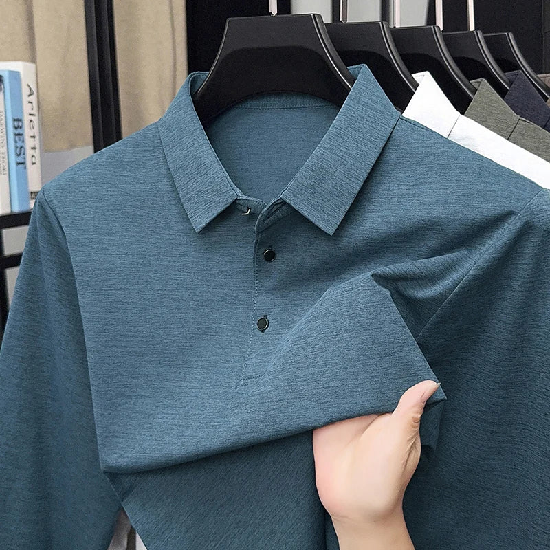 تي شيرت رجالي بأكمام طويلة مناسب للربيع والخريف، بتصميم رقيق، مناسب للأب في منتصف العمر، مع بلوزة بياقة وقميص بولو أساسي