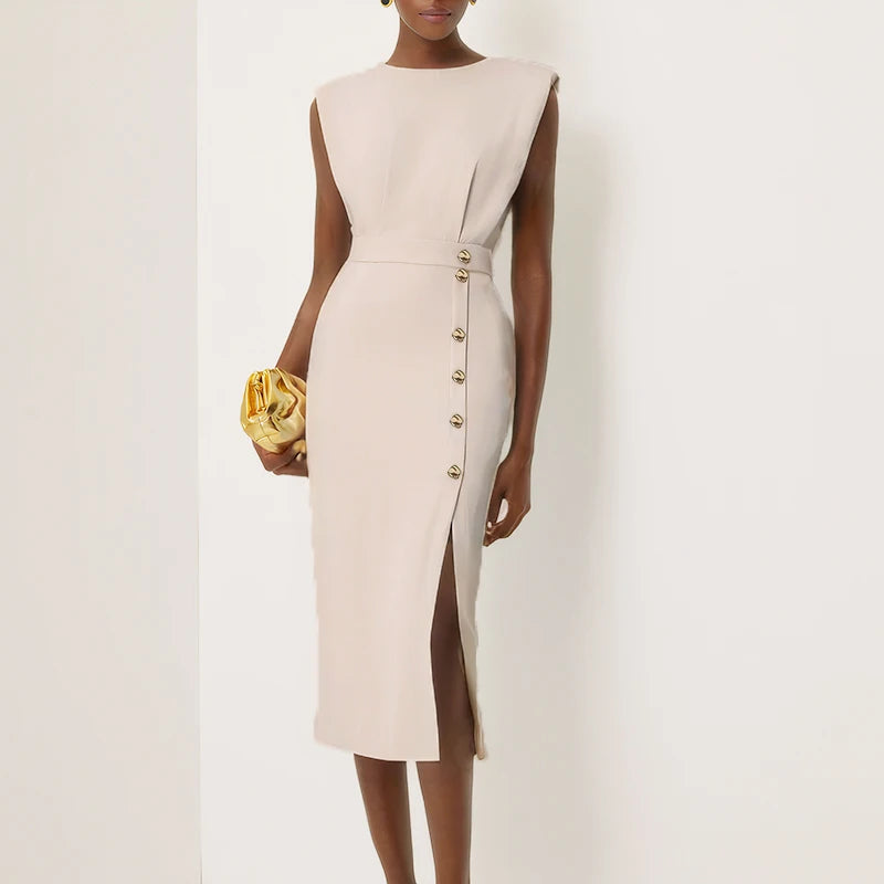 Women's Solid Sleeveless Slim Fit Midi Dress Women Summer Party Dress Lady Office Dress Elegant Button Split Up Evening Dresses