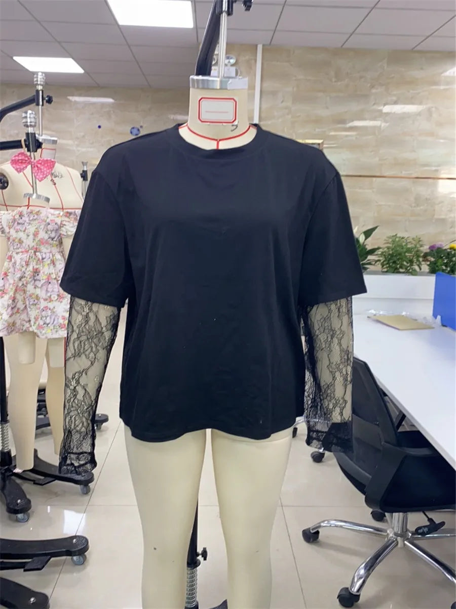 Women Round Neck T-Shirt Lace Long Sleeve Casual Shirts Spring Fall Loose Fit Tops Ladies Solid Color Tee for Streetwear Y2K 00s