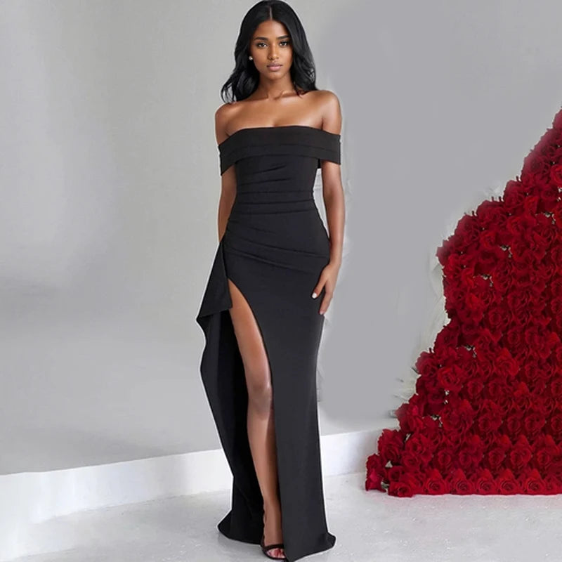 Women Backless Slash Neck Party Dress Sleeveless Split Dress Elegant Black Long Dresses New Fashion Summer 5963