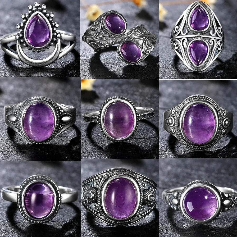 خواتم عتيقة من الفضة الإسترليني عيار 925 مرصعة بحجر الجمشت الطبيعي، بتصميم زهرة، مجوهرات فضية فاخرة بتصميم كلاسيكي، هدايا مثالية للحفلات للنساء والرجال