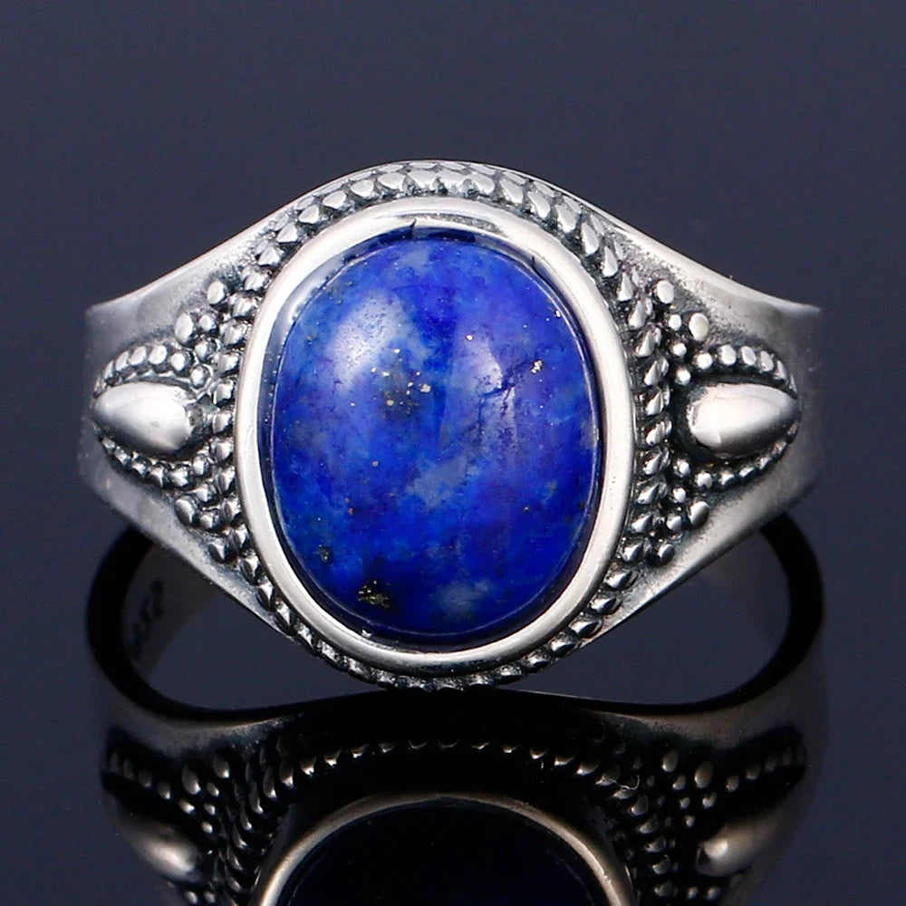 خاتم فضة عيار 925 مرصع بحجر اللازورد الطبيعي الكبير بيضاوي الشكل، مناسب للنساء والرجال، هدية مميزة، خاتم عتيق كبير الحجم، مجوهرات فاخرة بالجملة
