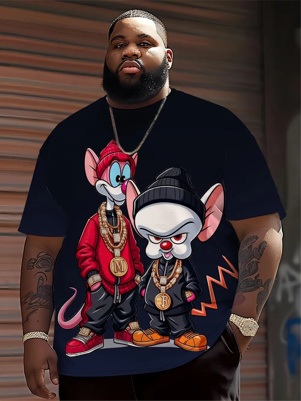 تيشيرت رجالي مطبوع عليه رسومات حيوانات كرتونية بأسلوب الهيب هوب، برقبة دائرية، مصنوع من البوليستر بنسبة 100%، مناسب للارتداء اليومي.