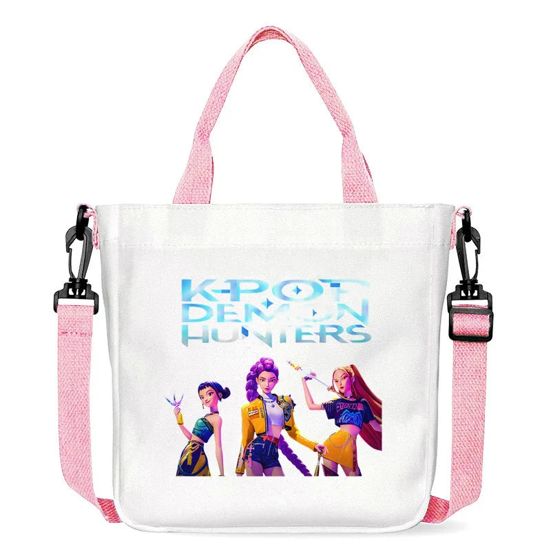 حقيبة قماشية للفتيات بتصميم صيادي أنمي شياطين من كيبوب، حقيبة يد مربعة أرجوانية بسيطة، حقيبة كتف متقاطعة، هدية عيد ميلاد