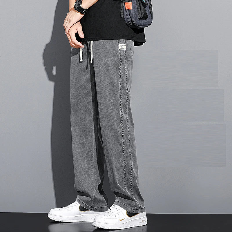 2024 Spring/Summer New Soft Lyocell Fabric Men's Jeans Thin Loose Straight Leg PantsDrawstring Elastic Waist Korean casual pants