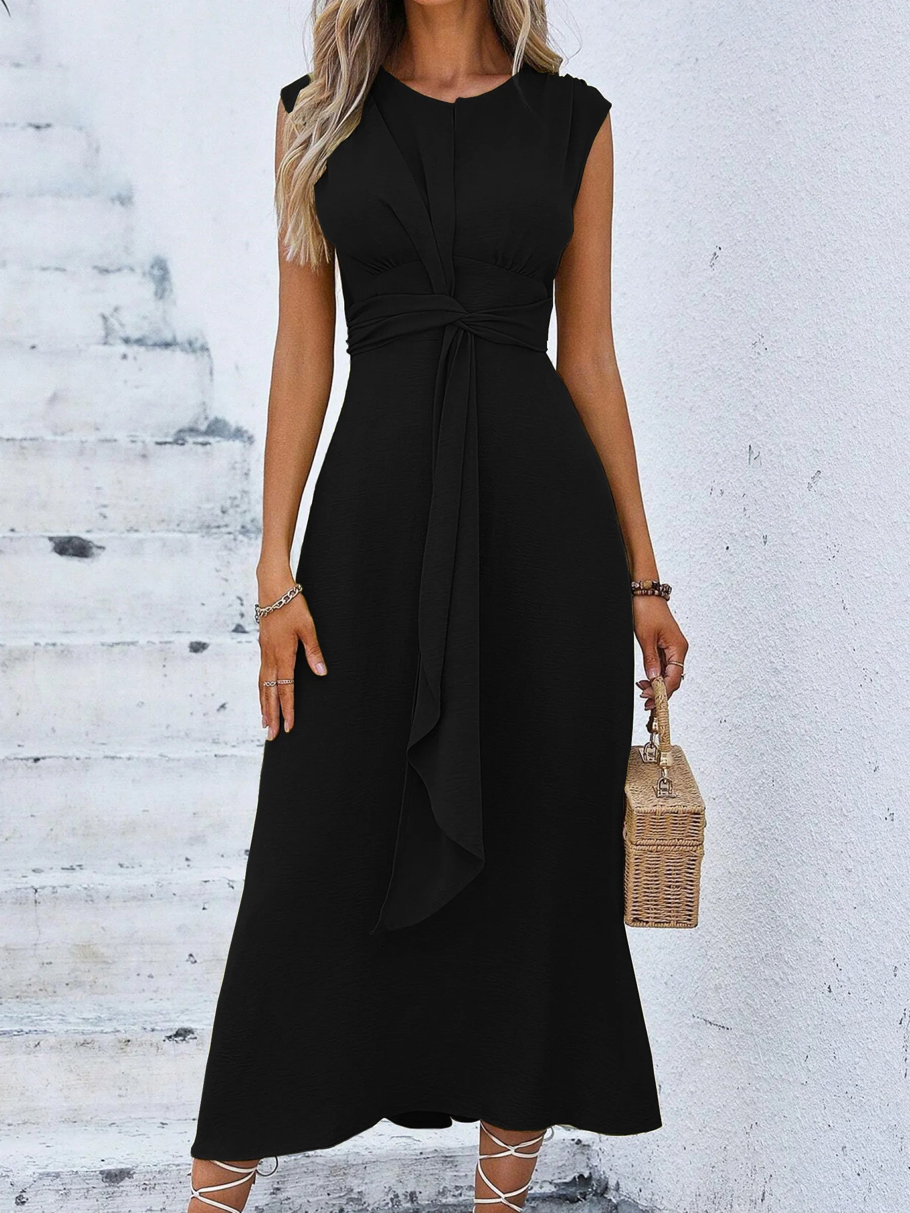 Women's Solid Color A-Line Dress Sleeveless Front Thin Straps Elegant Belted Midi Dress for Summer