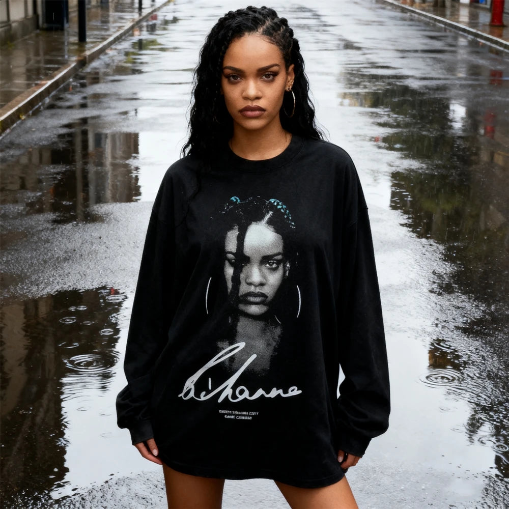 تي شيرت KUCLUT RIHANNA Fashion بأفضل جودة مطبوع عليه وجه كبير بأكمام طويلة ومقاس كبير فضفاض 100% قطن تي شيرت عتيق للرجال والنساء