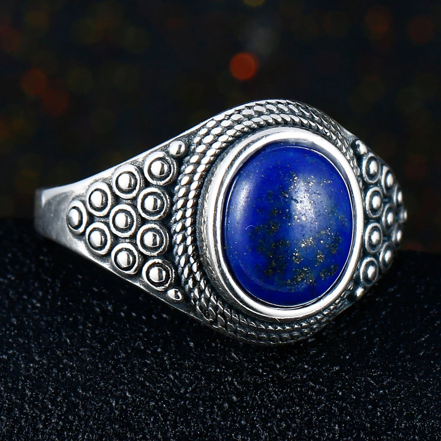 خاتم فضة عيار 925 مرصع بحجر اللازورد الطبيعي الكبير بيضاوي الشكل، مناسب للنساء والرجال، هدية مميزة، خاتم عتيق كبير الحجم، مجوهرات فاخرة بالجملة