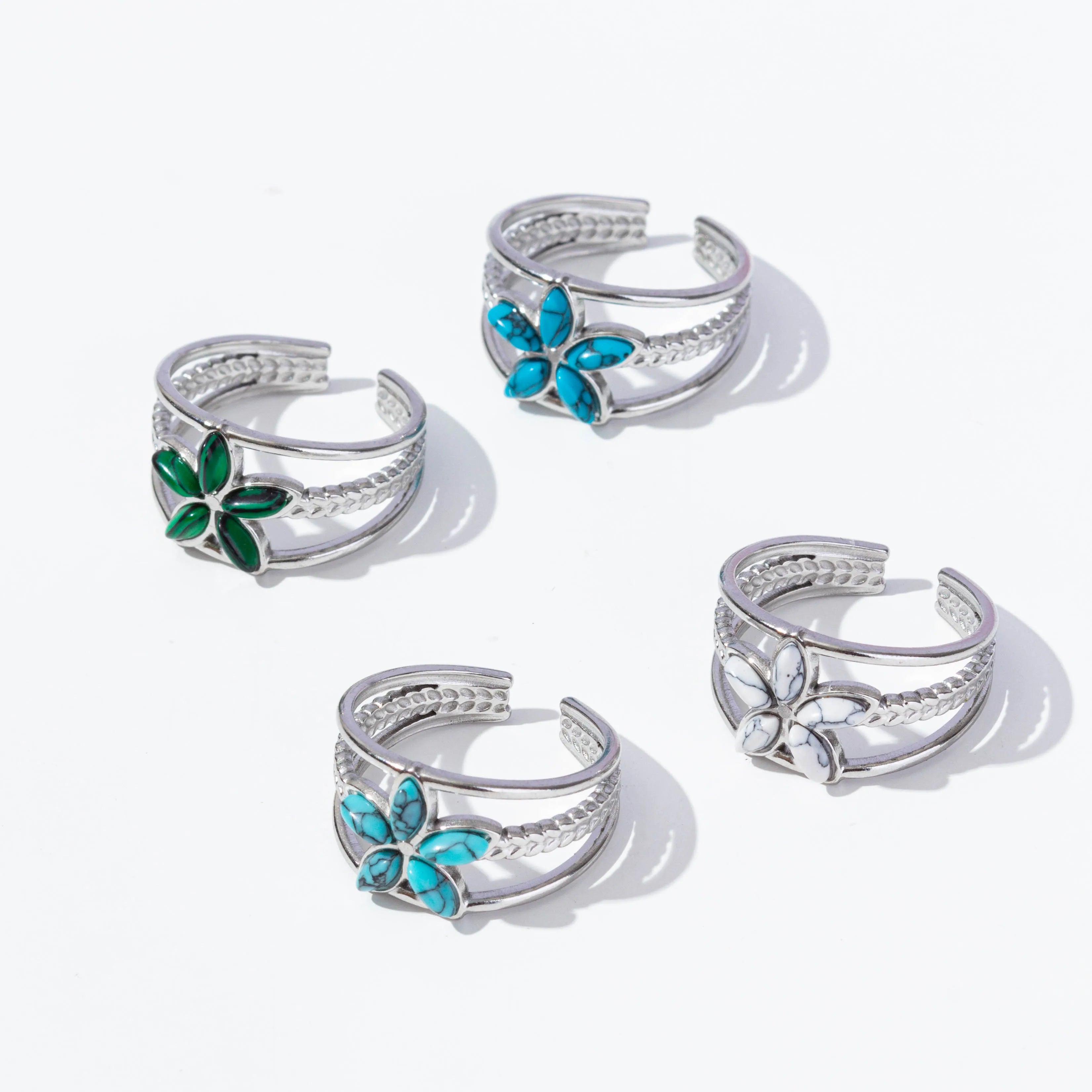 1/5 قطع من الخواتم المفتوحة غير المنتظمة والسميكة المصنوعة من الفولاذ المقاوم للصدأ والمزينة بأحجار صناعية متنوعة، بتصميم هندسي عتيق مميز، مجوهرات نسائية