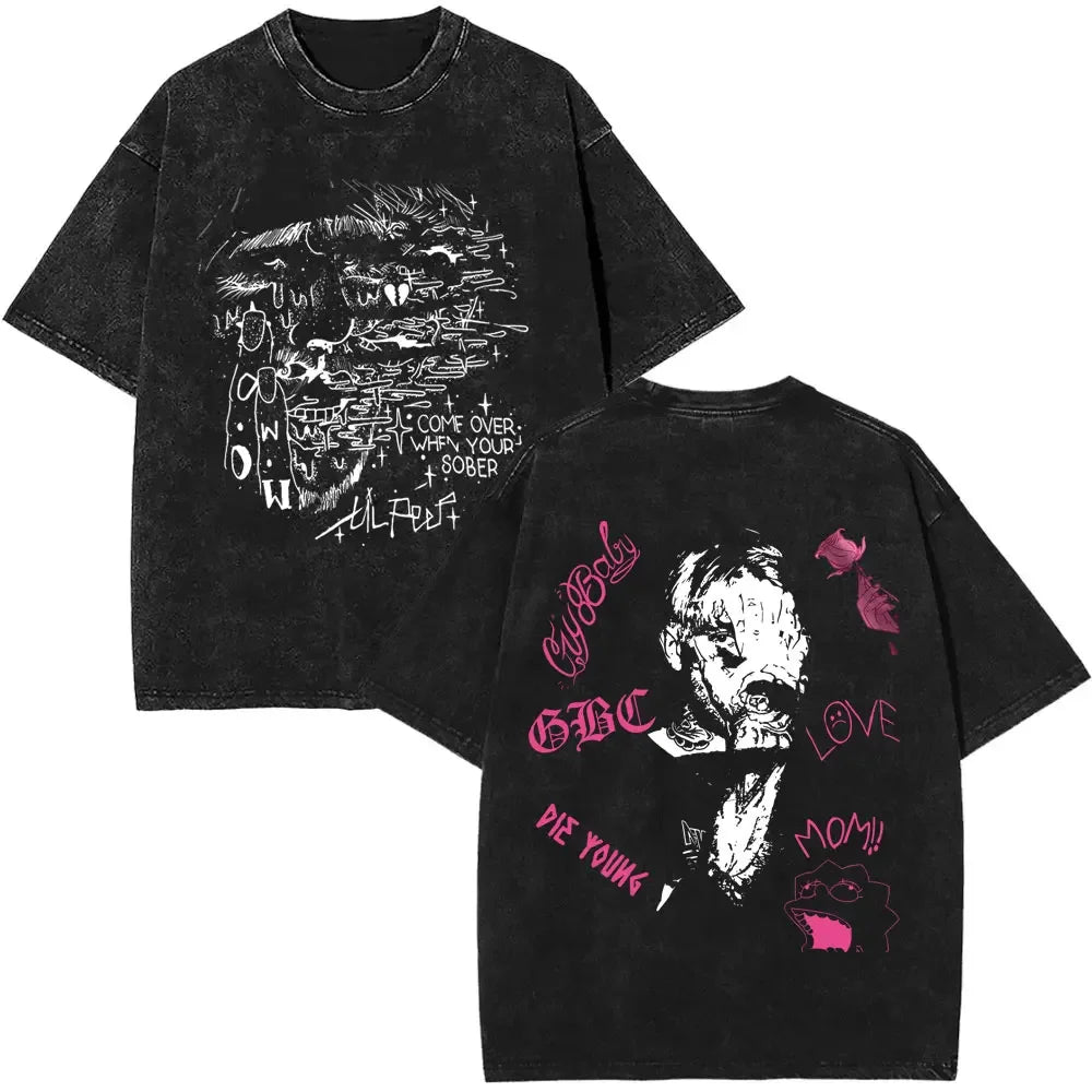 2025 مغني الراب ليل بيب ألبوم موسيقى Bear Crybaby Vintage Washed T Shirts للرجال والنساء هيب هوب فضفاضة بأكمام قصيرة تي شيرتات الشارع