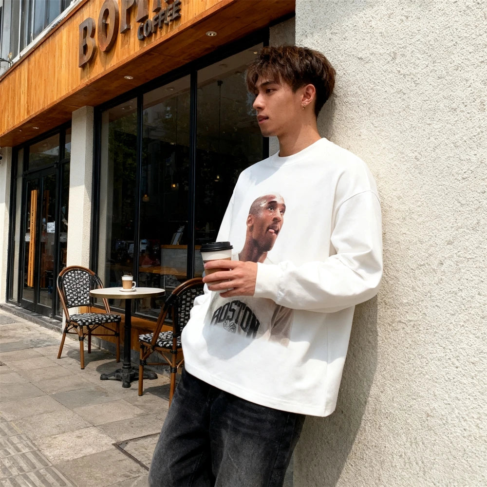 تي شيرت KUCLUT ذو جودة عالية مطبوع عليه رسومات BIG FACE بأكمام طويلة ومقاس كبير، تي شيرت فضفاض للرجال والنساء مصنوع من القطن بنسبة 100%