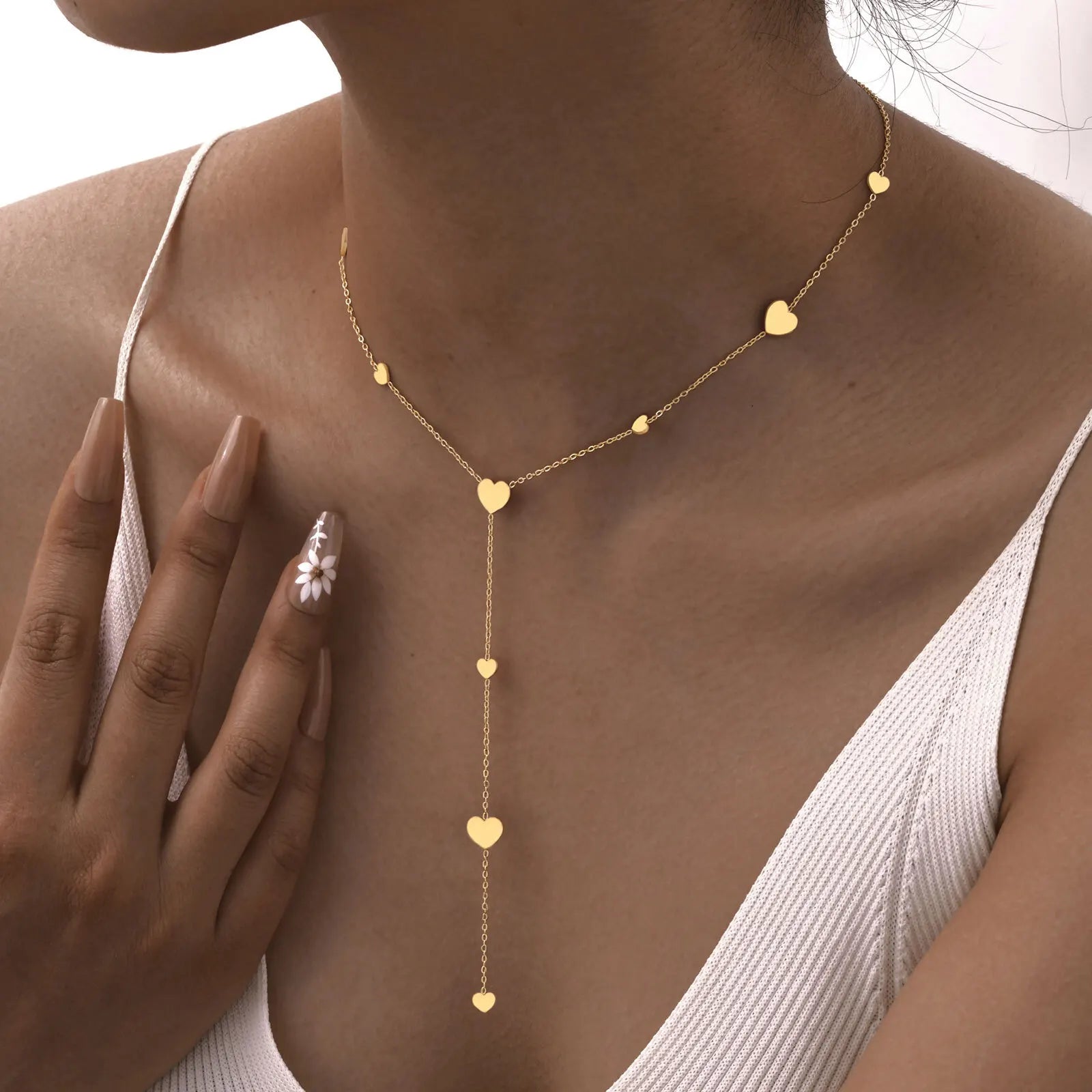 Heart Drop Lariat Chain Necklace For Women, Y Shape Long Chain Stainlss Steel 18K Gold Color  Layered Jewelry