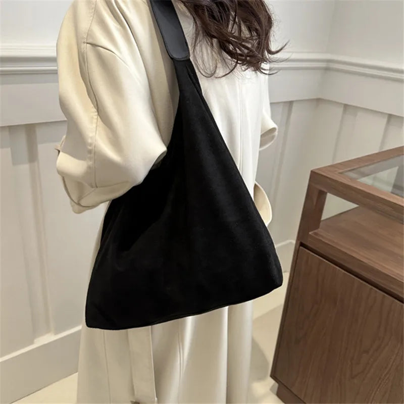 حقيبة نسائية من جلد الغزال الصناعي، حقيبة يد أنيقة بسيطة ذات سعة كبيرة للنساء، حقيبة كتف للتسوق تحت الإبط، حقيبة حمل كلاسيكية بلون سادة