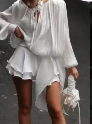 Elegant Solid Pleated Blouse Mini Dresses Women V Neck Lace Up Long Lantern Sleeve Dress 2025 Street Beach Vocation Short Robes