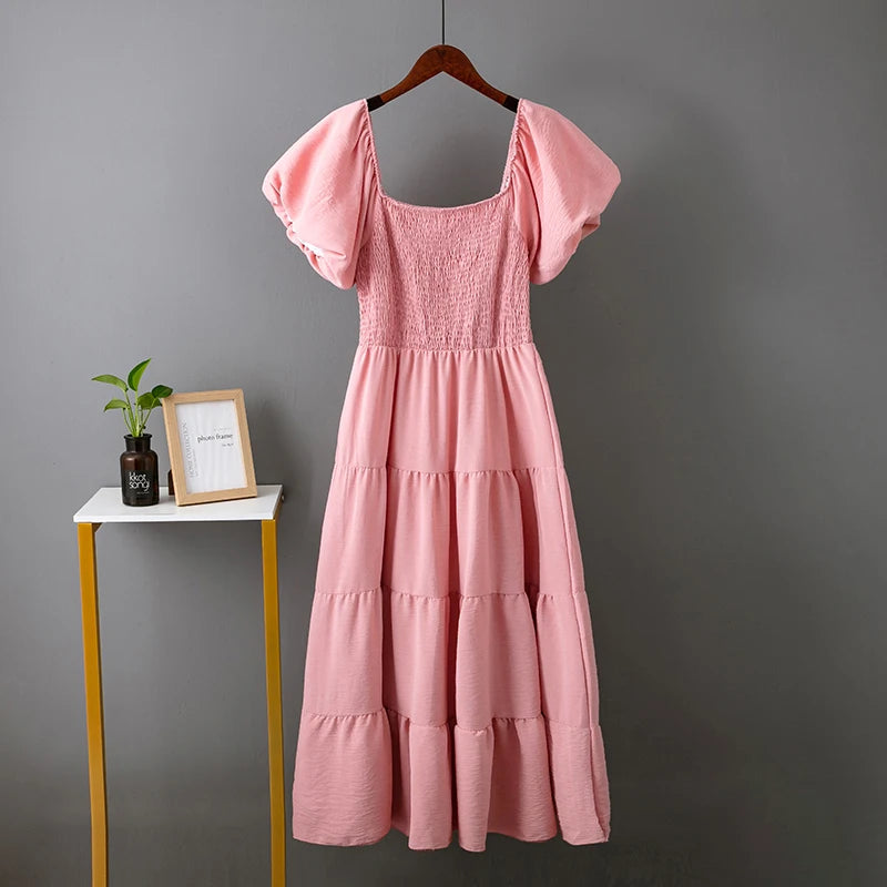 Elegant Solid Long Dresses Summer New Sexy Backless Slash Neck Elastic Dress Women High Waist Puff Sleeve Maxi Dress Elegant