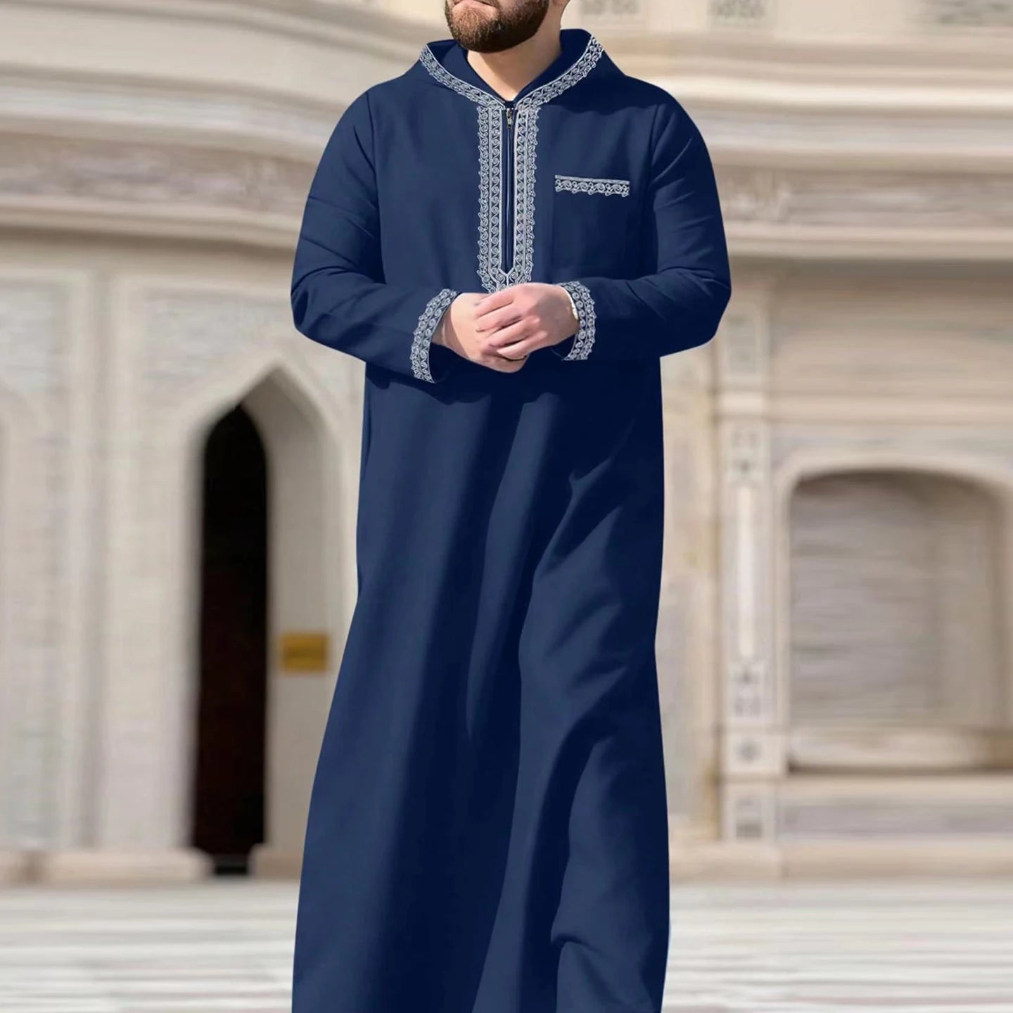 Men's Ethnic Pattern Embroidery Zipper Hooded Robe Traditional Long Sleeve Pocket Jubba Thobe for Daily Wear Man Islamic Thobe