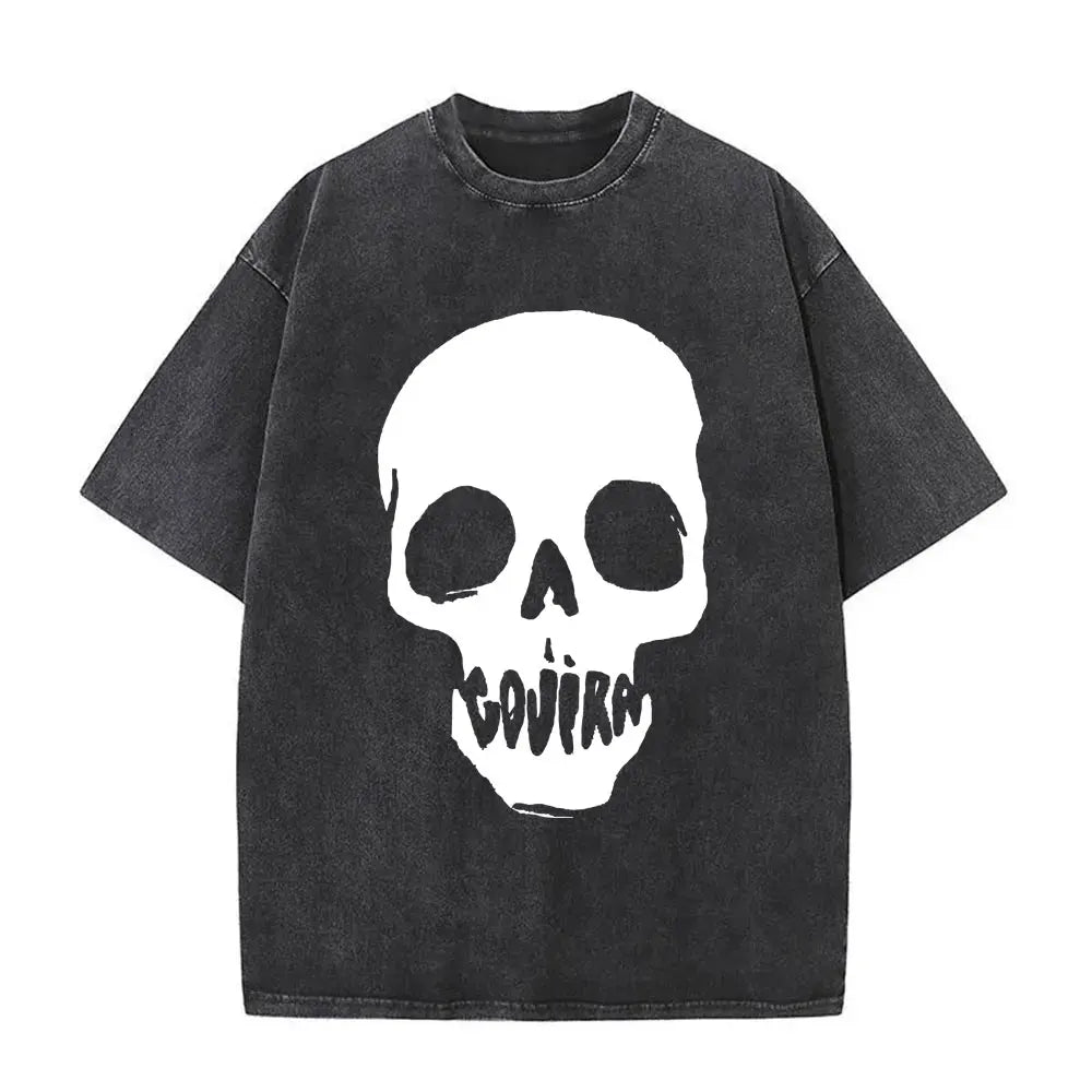 تي شيرت رجالي ونسائي بتصميم قوطي كبير الحجم مصنوع من القطن الخالص، مطبوع عليه شعار فرقة جوجيرا من المريخ إلى سيريوس، بطبعة معدنية عتيقة مغسولة