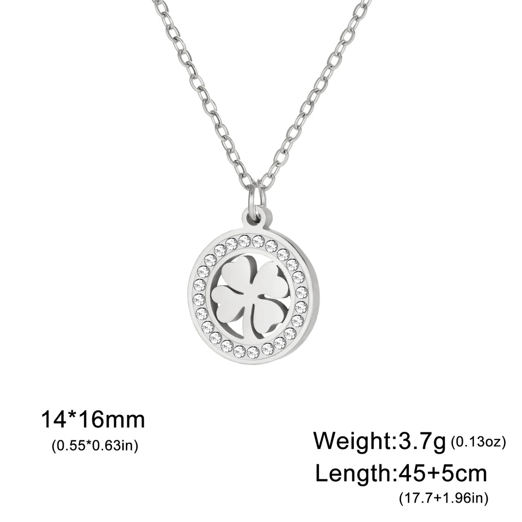 Skyrim Four Leaf Clover Zircon Round Pendant Necklace Stainless Steel Gold Color Choker for Women Jewelry Mother's Day Gift