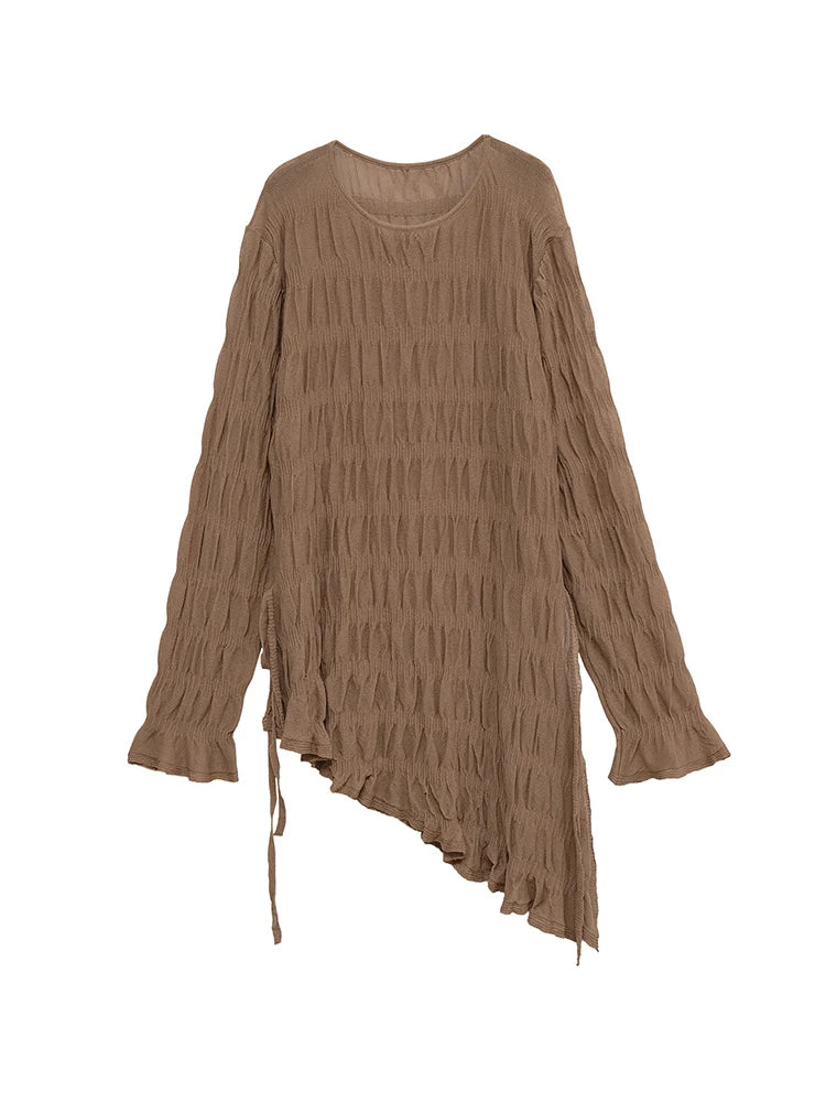 بلوزة نسائية جديدة غير رسمية موديل 2025، بأكمام طويلة وحاشية غير متماثلة، أنيقة، بتصميم مطوي سادة، بأكمام طويلة، منقسمة