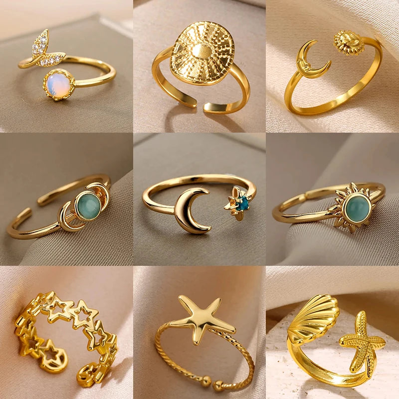 خواتم زركون على شكل قمر ونجمة للنساء، مصنوعة من الفولاذ المقاوم للصدأ، خاتم قابل للتعديل بتصميم قمر ونجمة متوهج، هدية مجوهرات زفاف أنيقة.