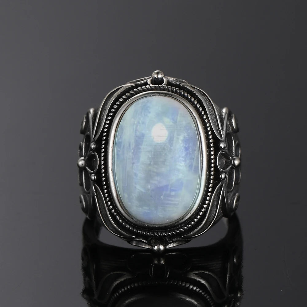 خواتم فضة عيار 925 مرصعة بأحجار القمر الطبيعية الكبيرة، بتصميمات دائرية وبيضوية، هدايا للنساء، مجوهرات فاخرة عتيقة