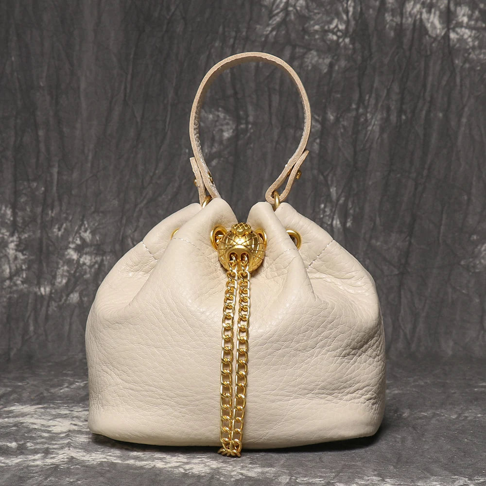 LUOKIR New Metal Drawstring Versatile Women's Handbag Genuine Leather Chain Crossbody Bag Vintage Bucket Bag Mobile Phone Bag