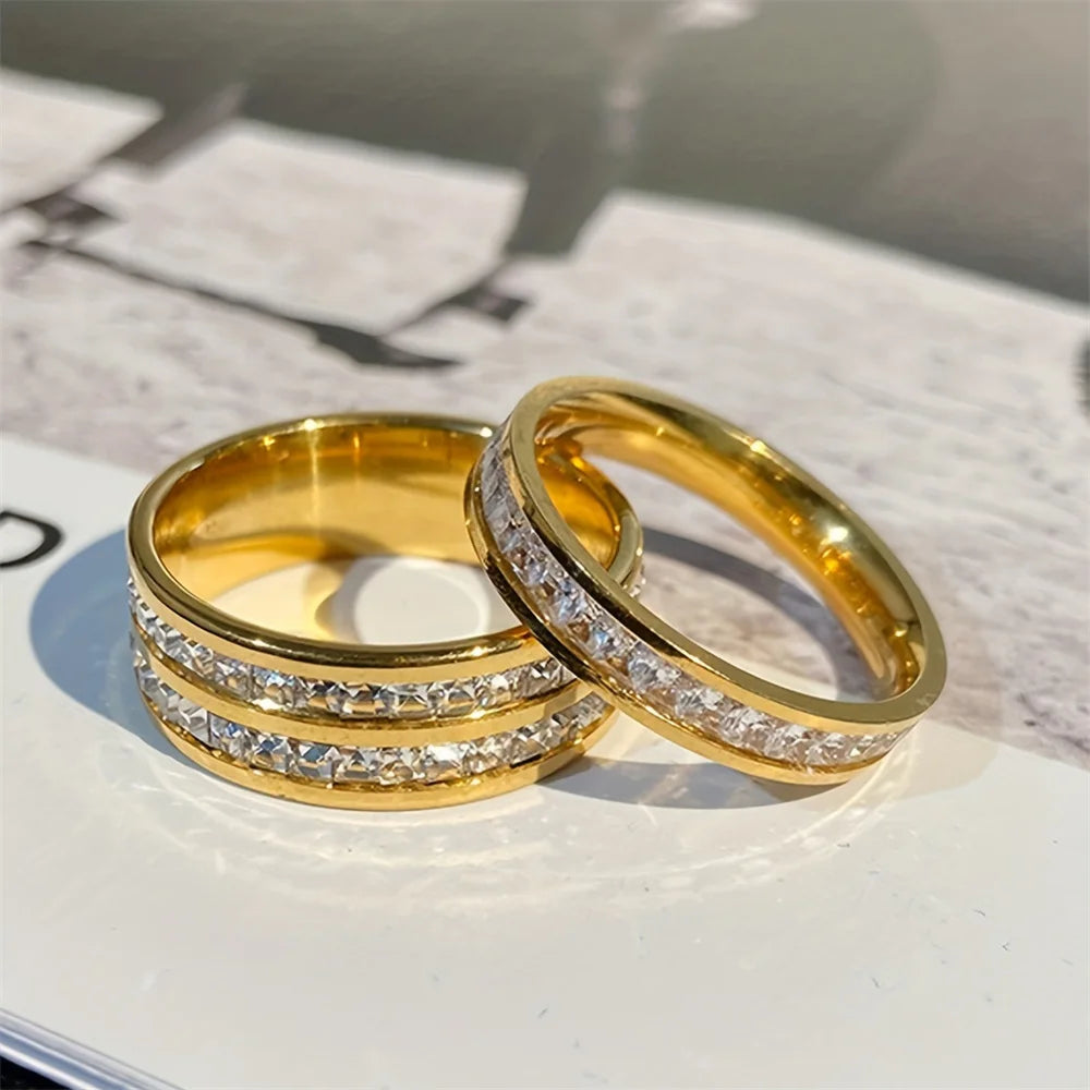 طقم خواتم فاخر من الفولاذ المقاوم للصدأ للنساء، ثلاث قطع، مرصع بالزركون، تصميم كلاسيكي أنيق، إكسسوار للأصابع، هدية مثالية للنساء