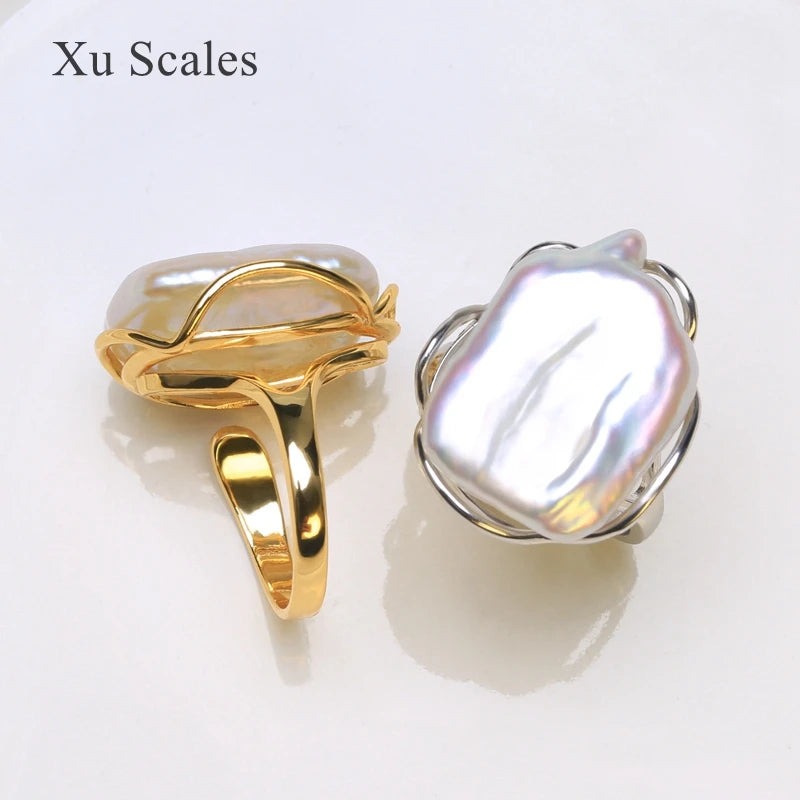 خاتم عتيق من اللؤلؤ الباروكي المربع الطبيعي للمياه العذبة، مقاس 14-20 مم، مطلي بالذهب عيار 14 قيراطًا، تصميم كلاسيكي بسيط، قطعة مجوهرات نسائية، مقاس قابل للتعديل، هدية مثالية.