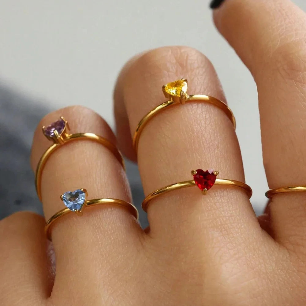 خواتم مفتوحة على شكل قلب ملون مرصعة بالزركون المكعب للنساء، خاتم أميرة أنيق بلون ذهبي من الفولاذ المقاوم للصدأ، هدية زفاف