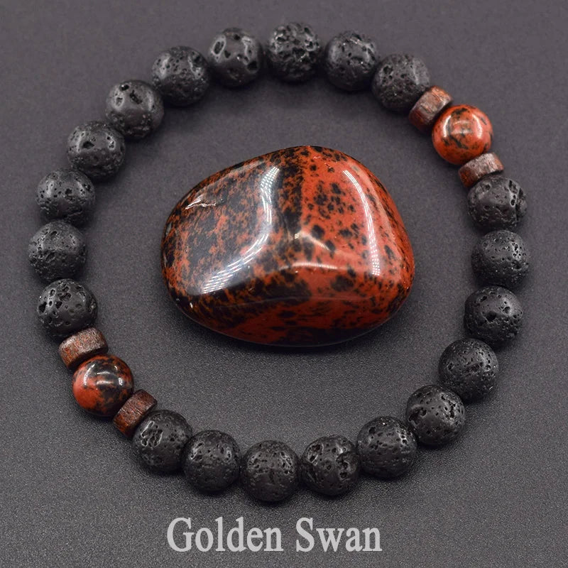 سوار من خرز عين النمر الأصفر الطبيعي للرجال والنساء، سوار من الحمم البركانية السوداء، سوار من حبل مرن من حجر بوذا التبتي للزوجين